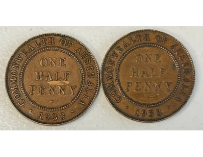 2X 1933 HALF PENNY COIN COMMONWEALTH OF AUSTRALIA...