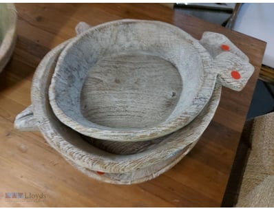 Charming set of three hand-carved wooden nesting b...