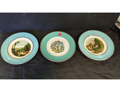SET OF THREE TURQUOISE TRANSFERWARE DECORATIVE PLA...