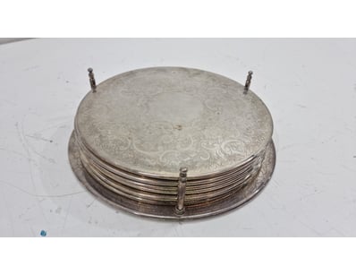 VICTORIAN SILVER-PLATED COASTER SET WITH ORNATE ST...