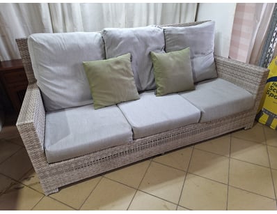 3-Seater Sofa With Pillows, Rattan Style, Grey Fin...
