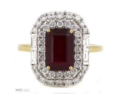 14K YELLOW GOLD, RUBY AND DIAMOND, DOUBLE HALO RIN...