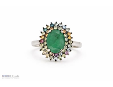 NATURAL EMERALD & SAPPHIRE RING ON 925 SILVER - WI...