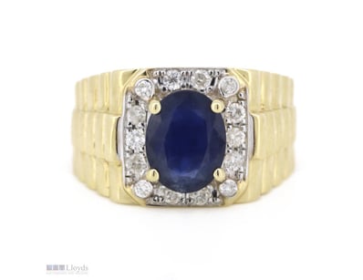 14K YELLOW GOLD, BLUE SAPPHIRE AND DIAMOND, GENTS ...