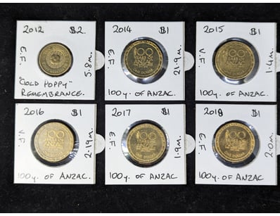 FIVE 100 YEARS OF ANZAC ONE DOLLAR COIN SET (2014 ...