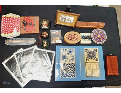 VARIOUS HANDMADE CRAFTS AND ARTISTIC MATERIALS, SU...
