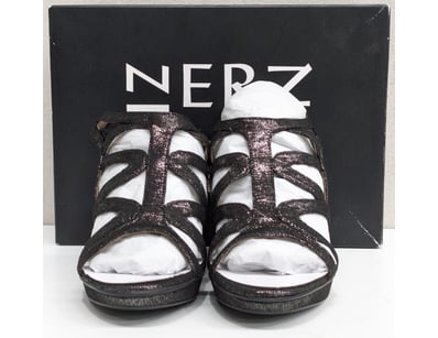 NERZ DANYA BLACK/PEWTER PLATFORM HEELED SANDALS, S...