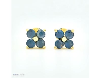 9CT YELLOW GOLD CEYLON SAPPHIRE FLORAL STUD EARRIN...