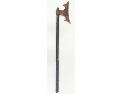 ANTIQUE DOUBLE-BLADED BATTLE AXE WITH WRAPPED HAND...