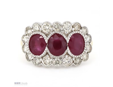 14K YELLOW GOLD, RUBY AND DIAMOND, DECORATIVE HALO...