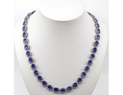 14K WHITE GOLD, TANZANITE AND DIAMOND, HALO NECKLA...