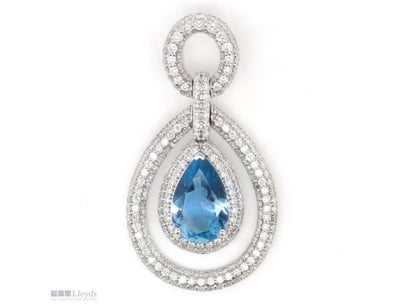 14K WHITE GOLD, AQUAMARINE AND DIAMOND, ORNATE DRO...
