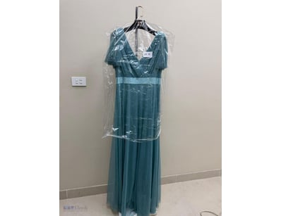 SLATE BLUE PLEATED TULLE EVENING GOWN WITH SATIN W...