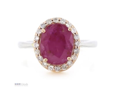 14K ROSE/WHITE GOLD, RUBY AND DIAMOND, HALO RING. ...