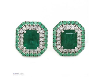 14K WHITE GOLD, EMERALD AND DIAMOND, DOUBLE HALO E...