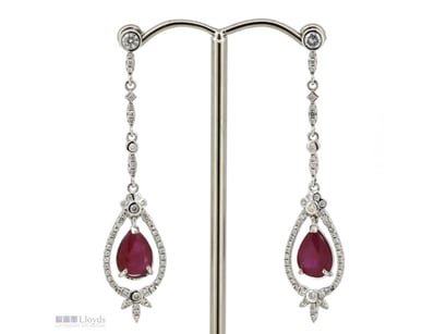 14K WHITE GOLD, RUBY AND DIAMOND, ORNATE DROP EARR...