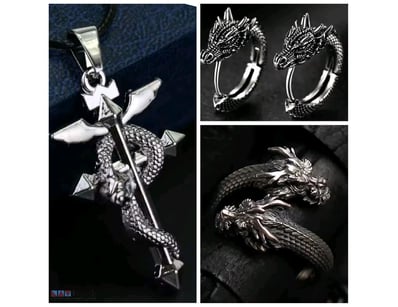 UNISEX DRAGON EARRINGS AND RING WITH SNAKE CROSS N...