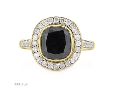 14K YELLOW GOLD, BLACK DIAMOND AND DIAMOND, HALO R...