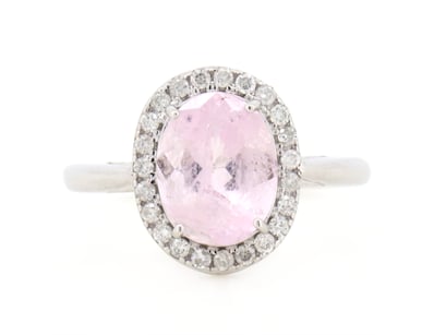 14K WHITE GOLD, MORGANITE AND DIAMOND, HALO RING. ...