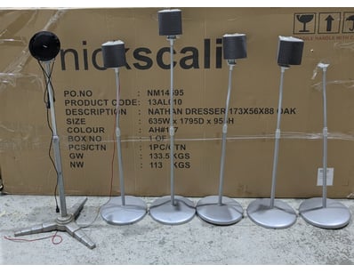 Lot of 5 speaker stands and audio equipment compon...