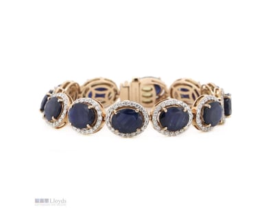 14K ROSE GOLD, BLUE SAPPHIRE AND DIAMOND, HALO BRA...