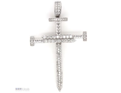 14K WHITE GOLD, 0.95CT TDW DIAMOND, CRUCIFIX PENDA...
