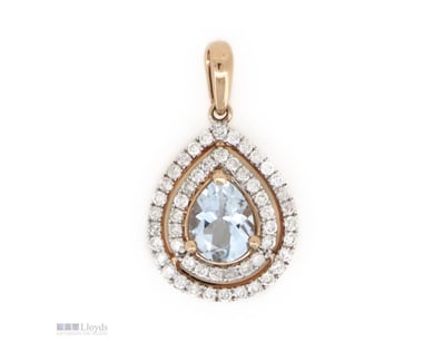 14K ROSE GOLD, AQUAMARINE AND DIAMOND, DOUBLE HALO...