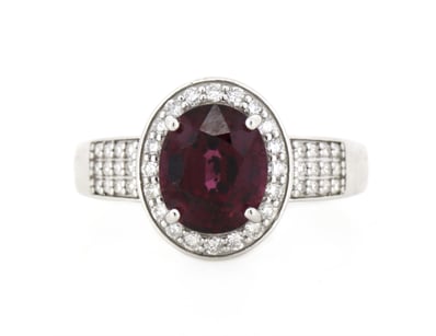 14K WHITE GOLD, RHODOLITE GARNET AND DIAMOND, HALO...