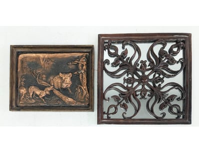 COLLECTION OF THREE CARVED WOODEN RELIEF PANELS WI...