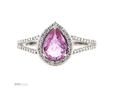 14K WHITE GOLD, PINK SAPPHIRE AND DIAMOND, HALO SP...