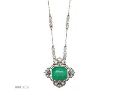 14K WHITE GOLD, 7.93CT  COLOMBIAN EMERALD AND DIAM...