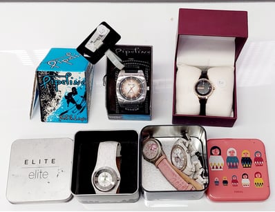 COLLECTION OF SIX FASHION WATCHES INCLUDING PIPELI...