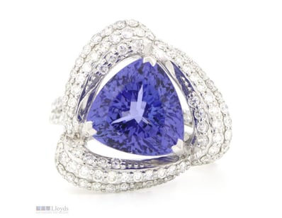 14K WHITE GOLD, 8.49CT TANZANITE AND DIAMOND, COCK...