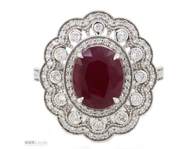 14K WHITE GOLD, RUBY AND DIAMOND, ANTIQUE INSPIRED...