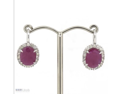 14K WHITE GOLD, RUBY AND DIAMOND, HALO DROP EARRIN...