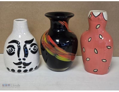 THREE DECORATIVE CERAMIC VASES WITH MODERNIST DESI...
