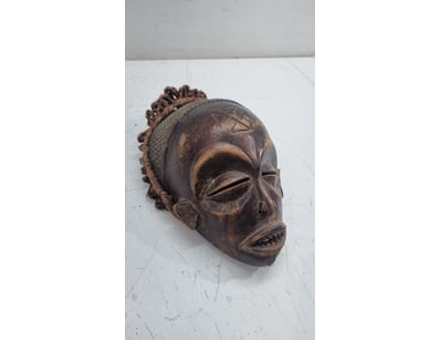 AFRICAN ANGOLA TRIBAL WOODEN MASK WITH ELABORATE C...