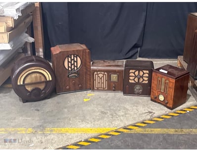COLLECTION OF FIVE VINTAGE WOODEN RADIO RECEIVERS,...