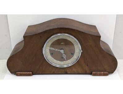ART DECO WALNUT MANTELPIECE CLOCK WITH CHROME BEZE...