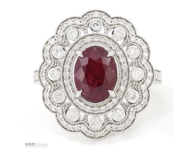 14K WHITE GOLD, RUBY AND DIAMOND, ANTIQUE INSPIRED...