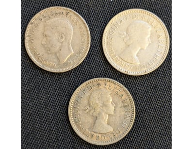 1942, 1959 AND 1960 AUSTRALIAN SIX PENCE SILVER CO...