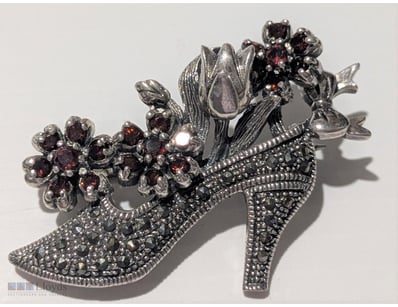 STERLING SILVER MARCASITE & GARNET SHOE FLOWER BRO...
