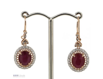 14K ROSE GOLD, RUBY AND DIAMOND, HALO DROP EARRING...