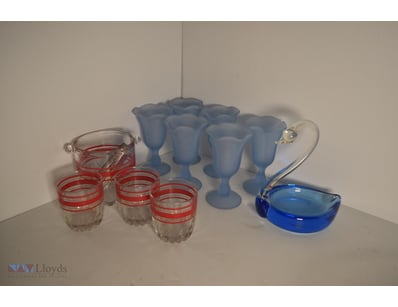 Blue Frosted Glass Drink Set & Retro Redstriped Ic...