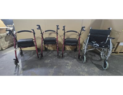 Walkers and wheel chair, 3 x assorted red walkers ...