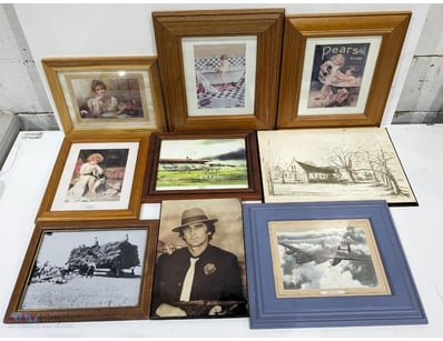 COLLECTION OF NINE FRAMED VINTAGE PRINTS AND PHOTO...