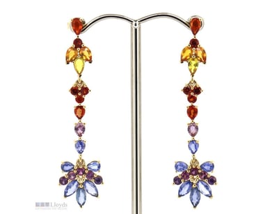 14K YELLOW GOLD, MULTI-COLOUR SAPPHIRE, DROP EARRI...