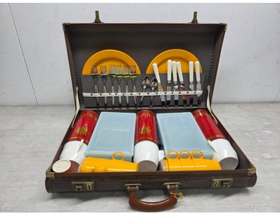 Vintage brown leather suitcase picnic service set,...