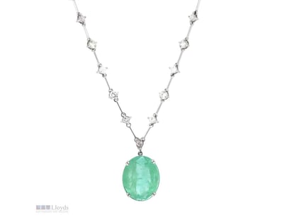 14K WHITE GOLD, 17.29CT COLOMBIAN EMERALD AND DIAM...