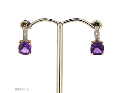 9K YELLOW GOLD, AMETHYST AND DIAMOND, EARRINGS.   ...
